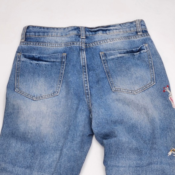 Tempo Paris Design Distressed Embroidered Jeans Ripped Denim Flower Design - Picture 4 of 10